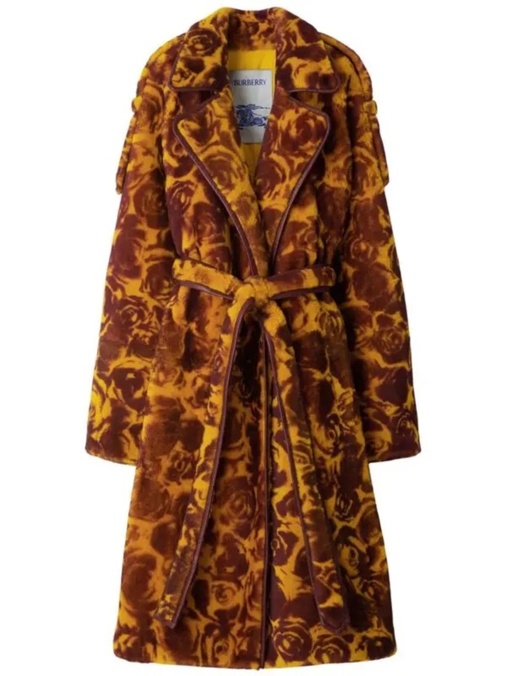 Burberry Rose-Print Shearling Trench Coat in Mustard & Burgundy